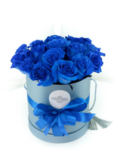 Синие розы 25шт в шляпной коробке
