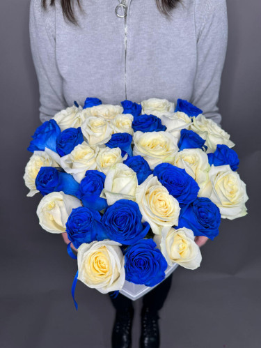 35 синих и белых роз Сердце