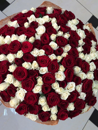 Красные и белые розы микс 101 шт